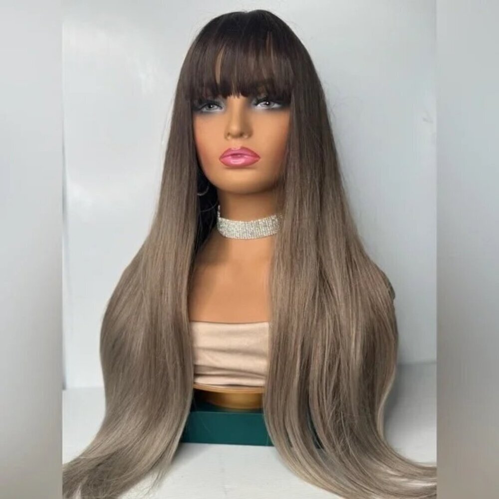 Light Ash Blonde Balayage Brown Roots long Hair Wig with Bangs 28 in Realistic - Picture 3 of 9